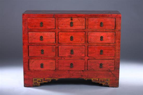 Appraisal: CHINESE RED LACQUERED POPLAR CHEST Qing Dynasty circa Shanxi Province