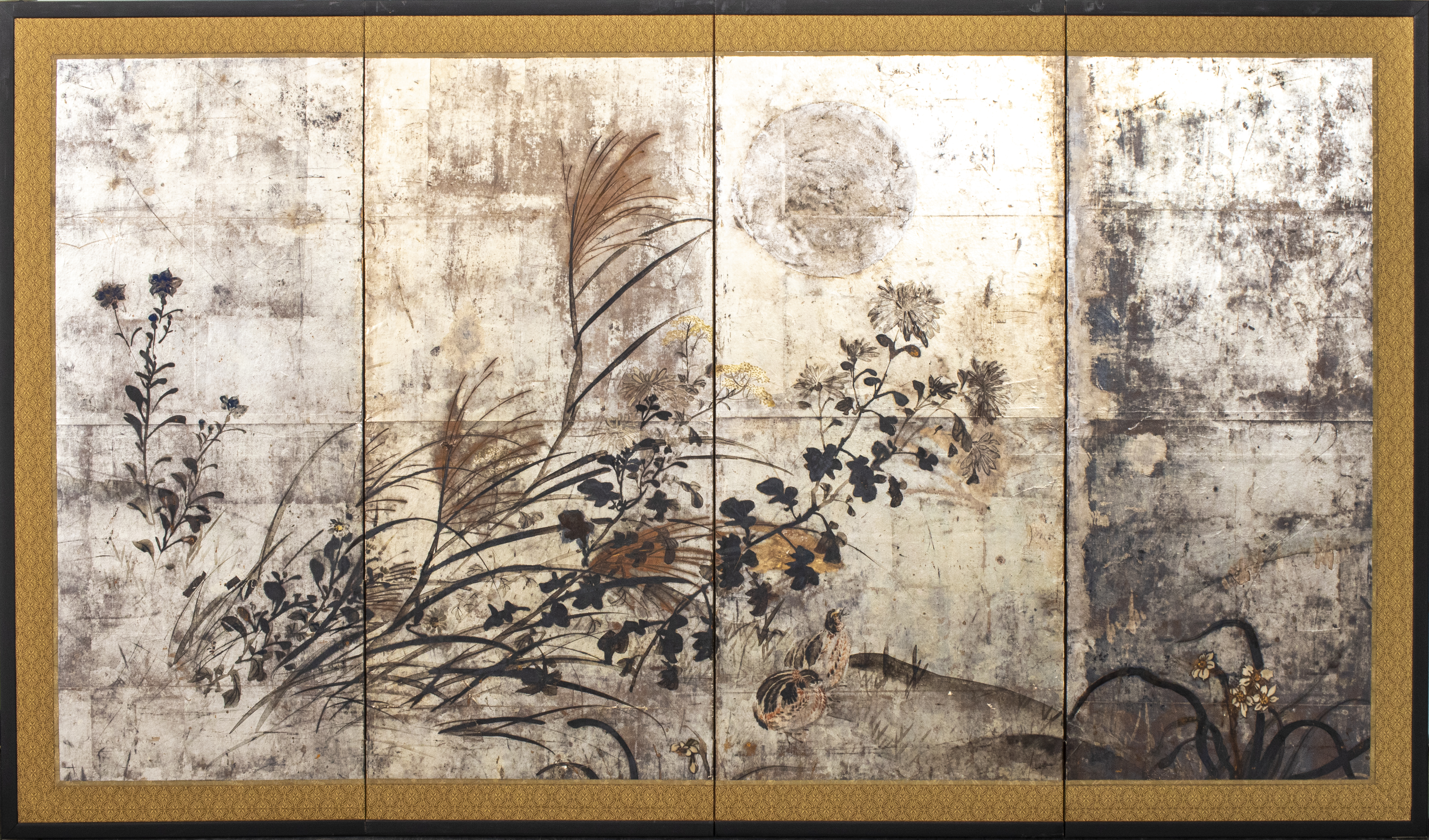 Appraisal: JAPANESE BYOBU SCREEN AUTUMN FLOWERS SILVER MOON Japanese byobu four