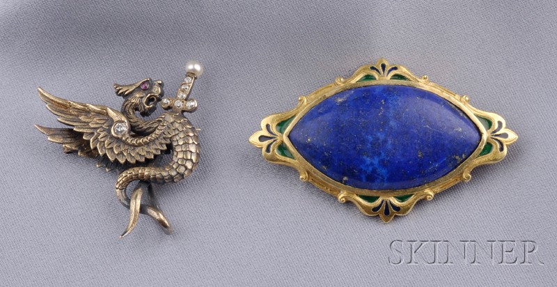 Appraisal: Two Art Nouveau Brooches an kt gold and lapis cabochon