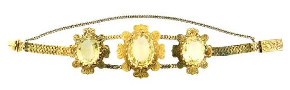 Appraisal: JEWELRY Victorian citrine bracelet consisting of three oval hand engraved