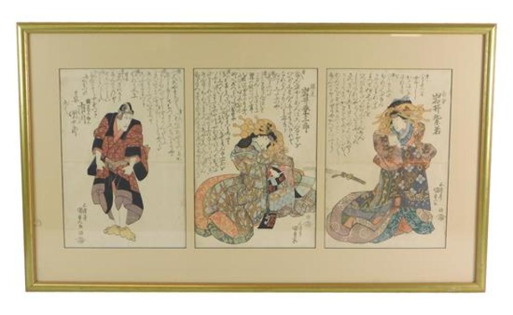 Appraisal: ASIAN Japanese woodblock triptych Kunisada - depicts actors framed and