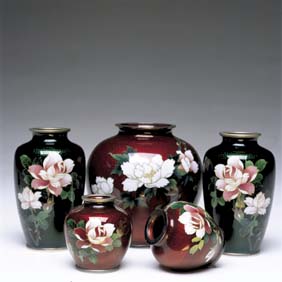 Appraisal: FIVE JAPANESE CLOISONN VASES Five old Japanese cloisonn enamel vases