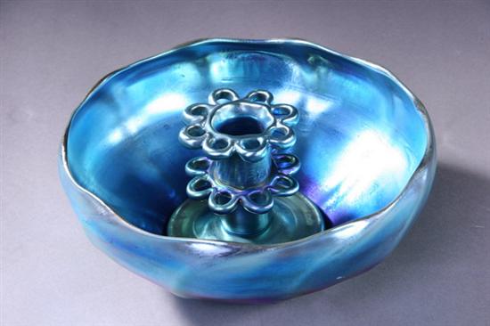 Appraisal: TIFFANY PEACOCK BLUE FAVRILE GLASS BOWL WITH SEPARATE FLOWER FROG