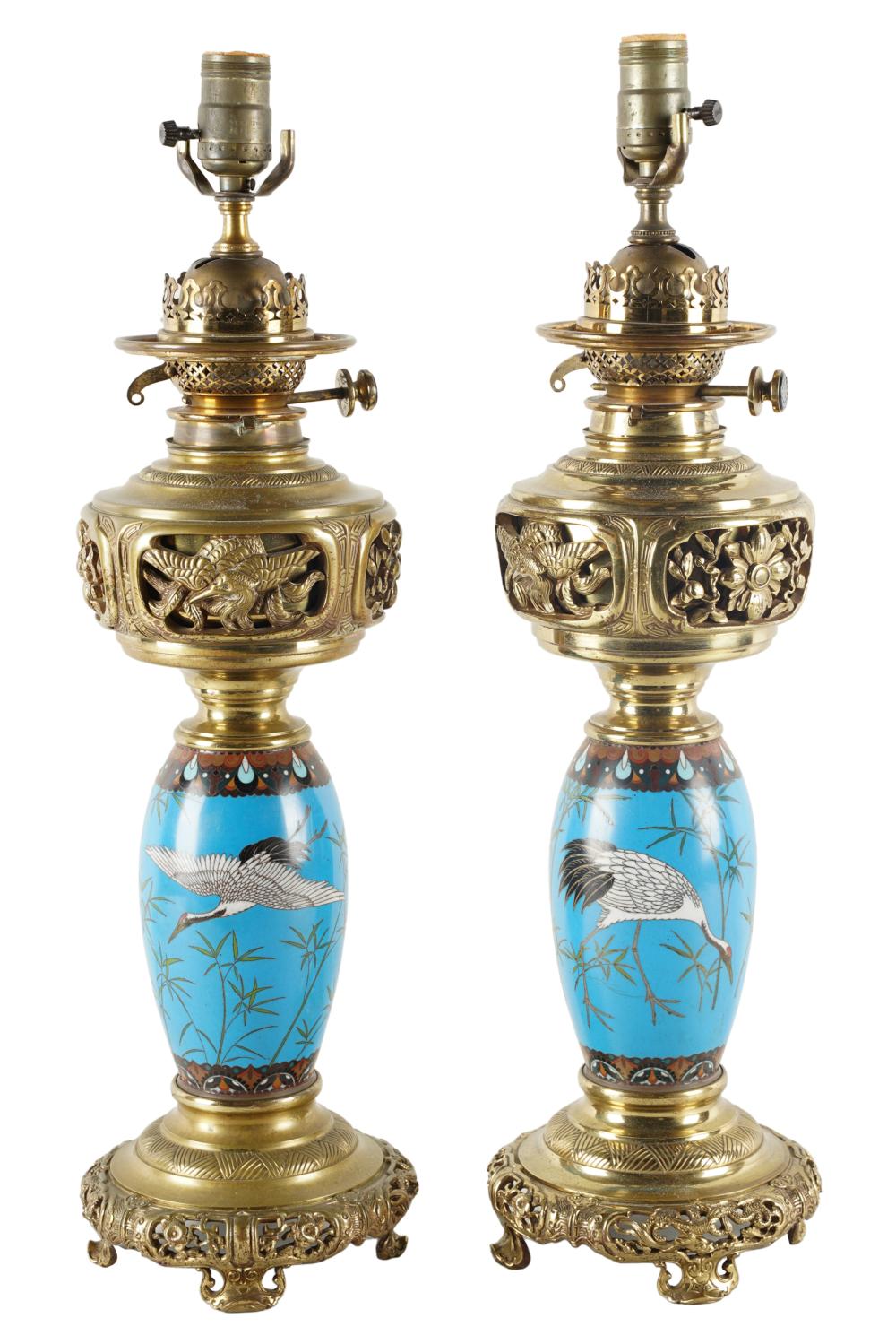 Appraisal: PAIR GILT METAL CLOISONNE ENAMEL OIL LAMPSconverted to electricity Provenance