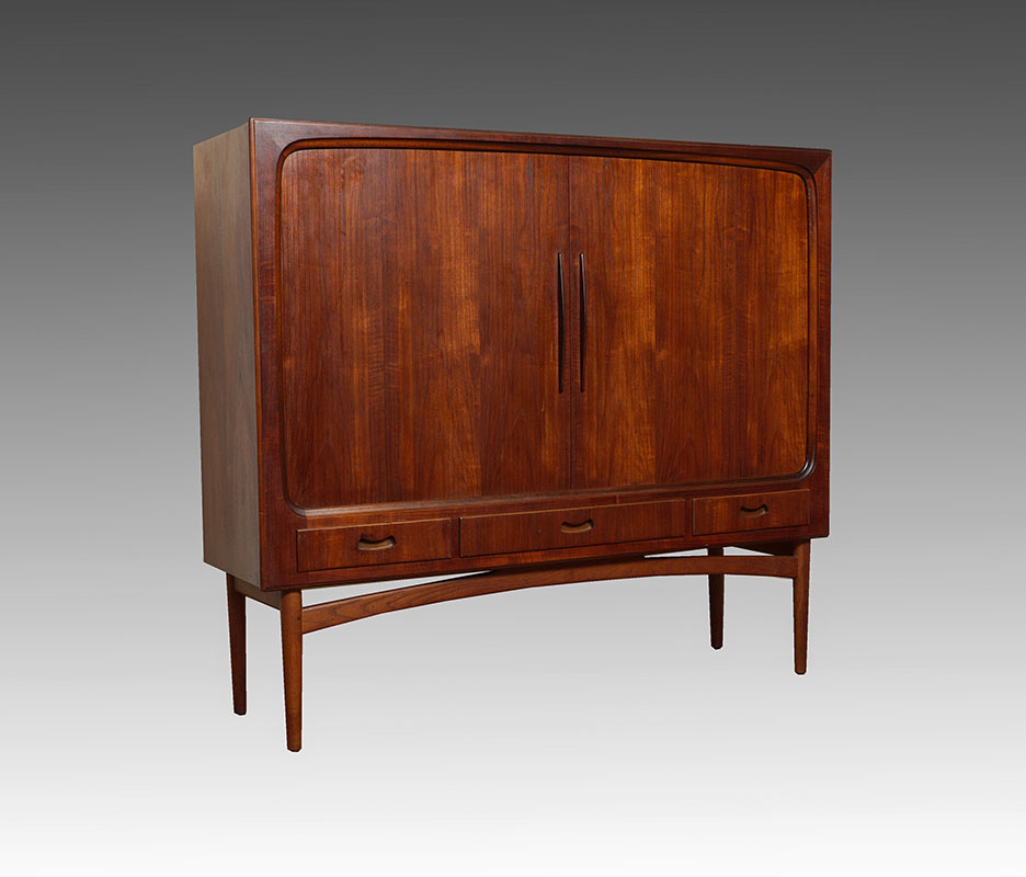 Appraisal: MID CENTURY ROSEWOOD TAMBOUR CABINET ON STAND Rosewood exterior with