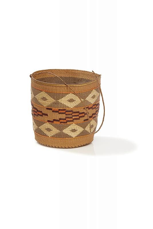 Appraisal: Tlinget Polychrome Twined Handled Basket Tlinget polychrome twined handled basket