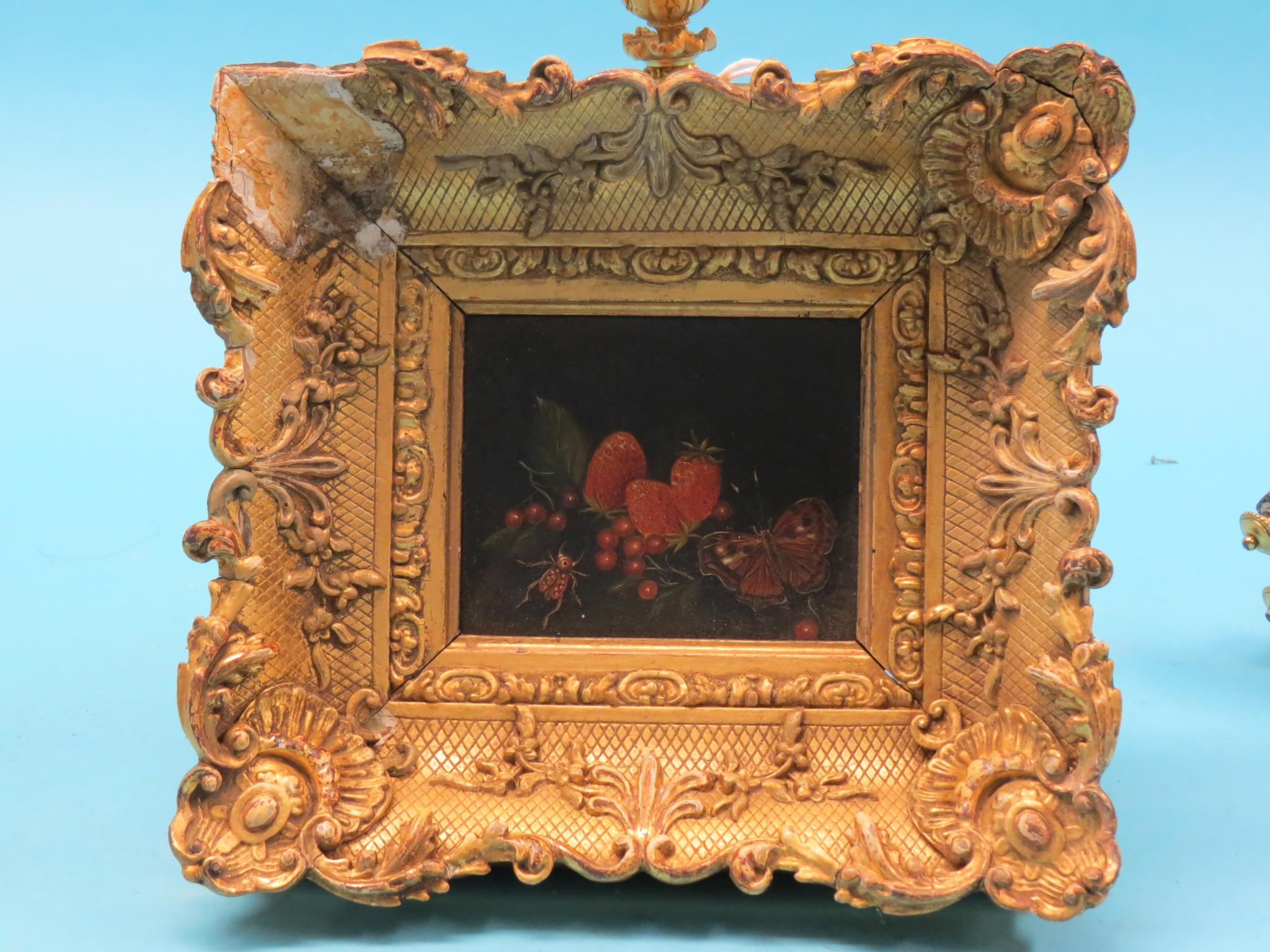 Appraisal: A th century oil on card strawberries grapes butterfly and