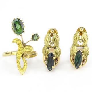 Appraisal: Vintage Green Tourmaline and Karat Yellow Gold Earring and Ring