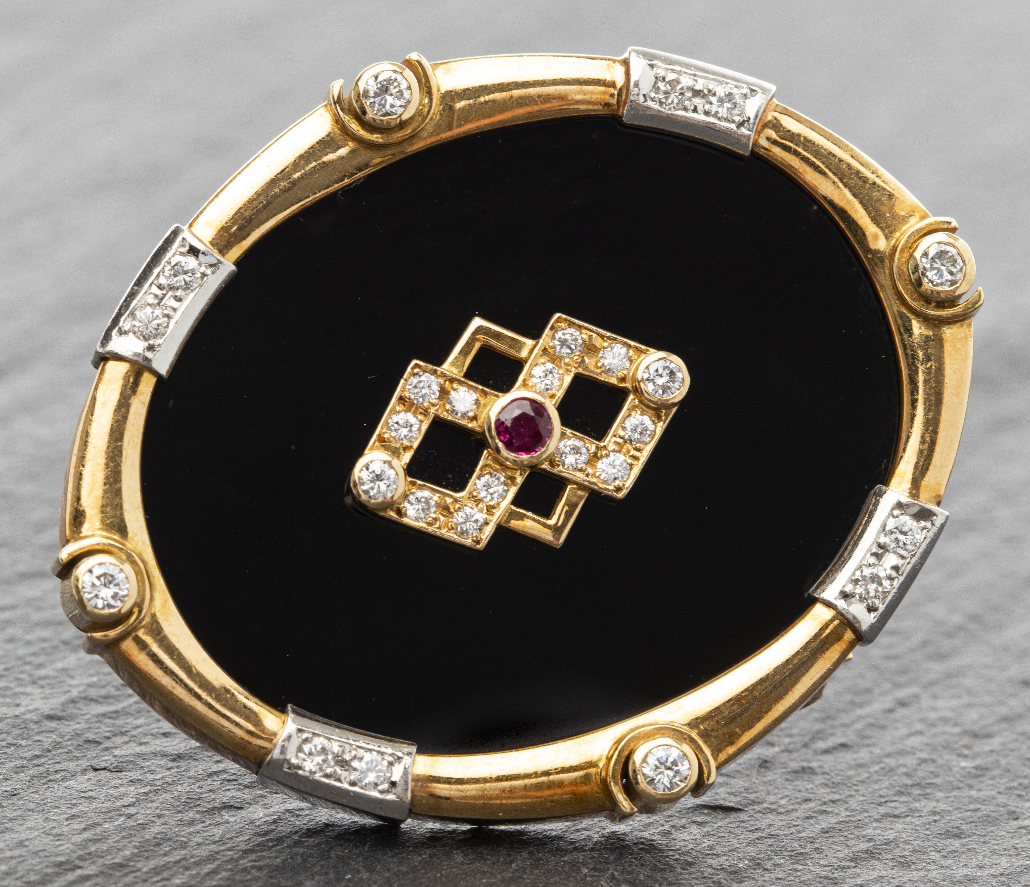 Appraisal: ANTIQUE K YELLOW GOLD DIAMOND RUBY ONYX BROOCH Antique K