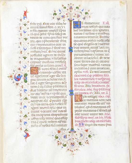 Appraisal: Llangattock Breviary Illuminated manuscript leaf on vellum circa containing two