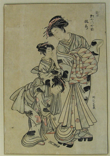 Appraisal: TH CENTURY JAPANESE COLOR WOODCUT Woman with two girls one