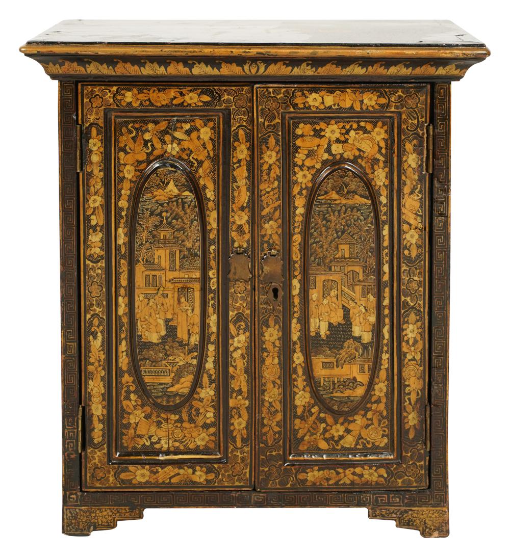 Appraisal: CHINESE EXPORT DIMINUTIVE LACQUERED CABINETwith hinged doors concealing five drawers