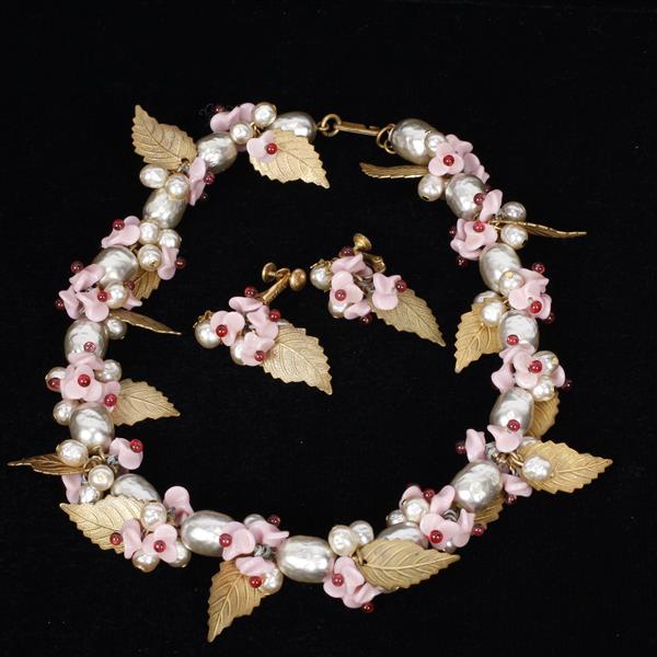 Appraisal: Miriam Haskell pc Pink Floral Necklace Clip on Earrings necklace