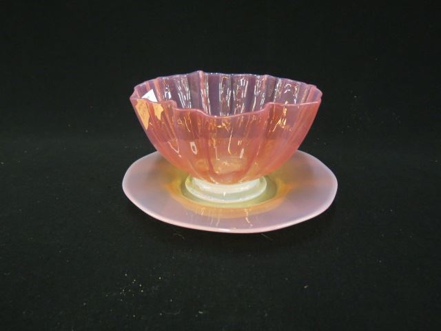 Appraisal: French Art Glass Bowl and Underplate pink opalescent pastel style