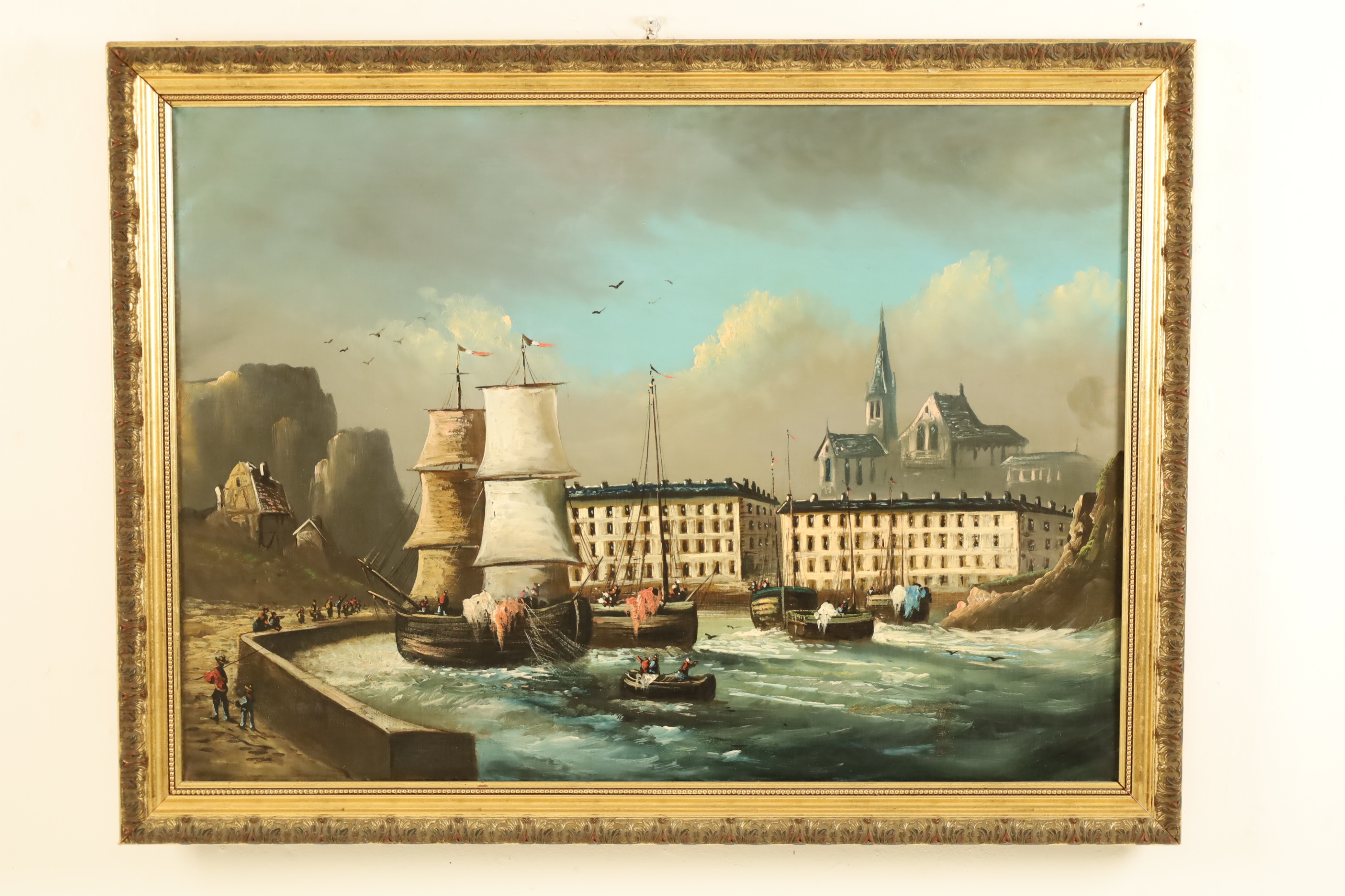 Appraisal: FRENCH OIL ON CANVAS HARBOR SCENE PAINTING French oil on