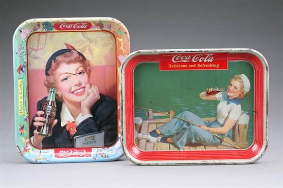 Appraisal: TWO COCA COLA ADVERTISING TRAYS Girl fishing and girl with