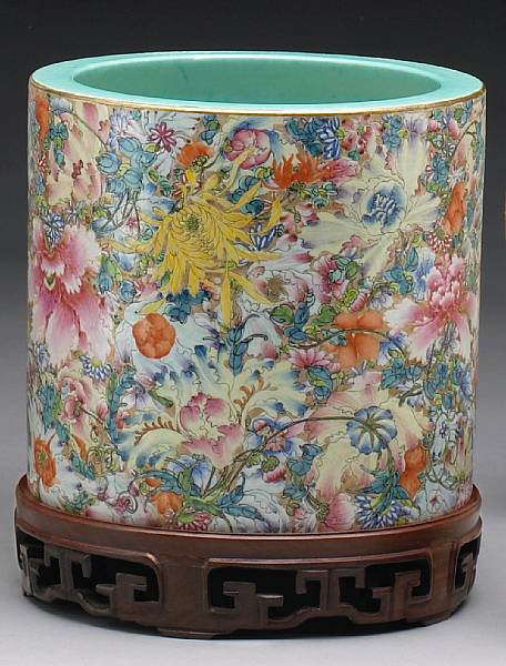 Appraisal: A famille rose enameled porcelain brush pot Of cylindrical form