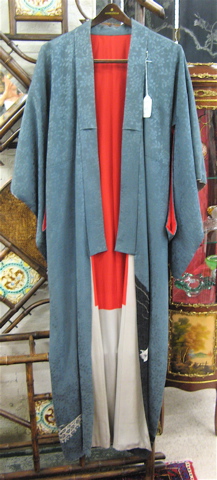 Appraisal: JAPANESE SILK KIMONO a teal floral damask with red pin