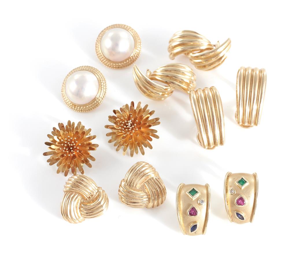 Appraisal: Pairs of gold gem and pearl earclips pair mabe pearl