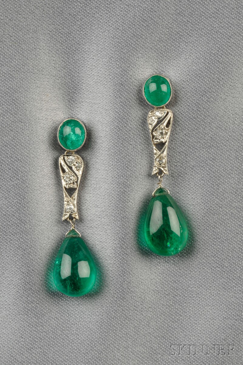 Appraisal: Platinum Emerald and Diamond Earpendants each designed as a cabochon