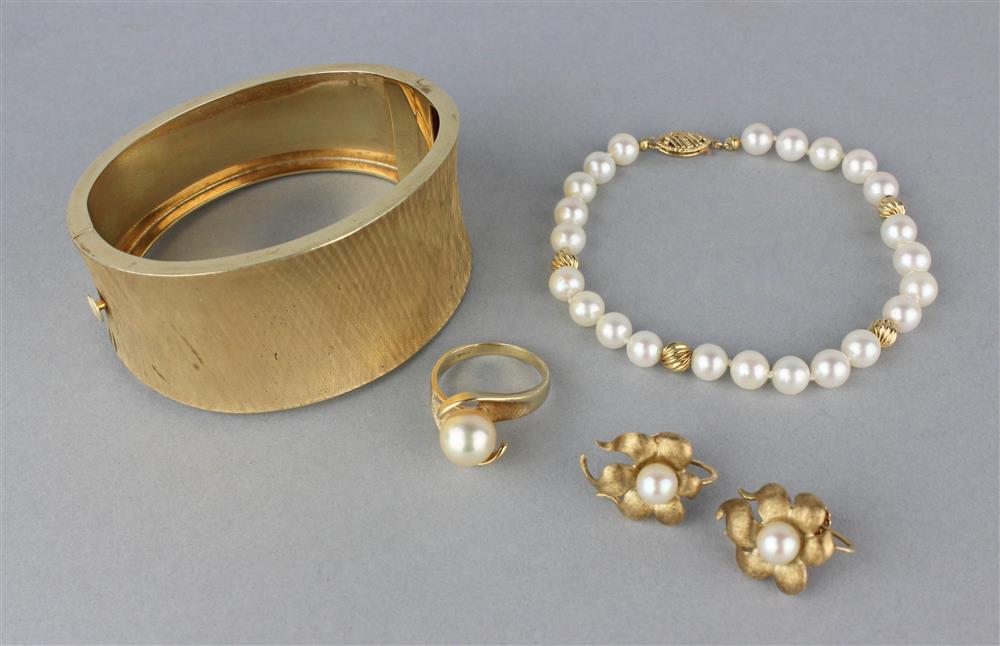 Appraisal: K HINGED CUFF K PEARL RING AND EARRINGS AND A