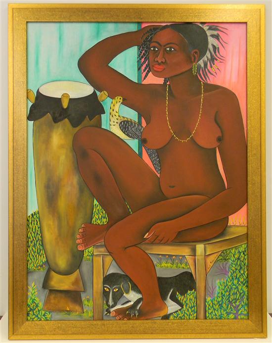 Appraisal: Roger Francois acrylic on canvas Nude with Drum and Dog