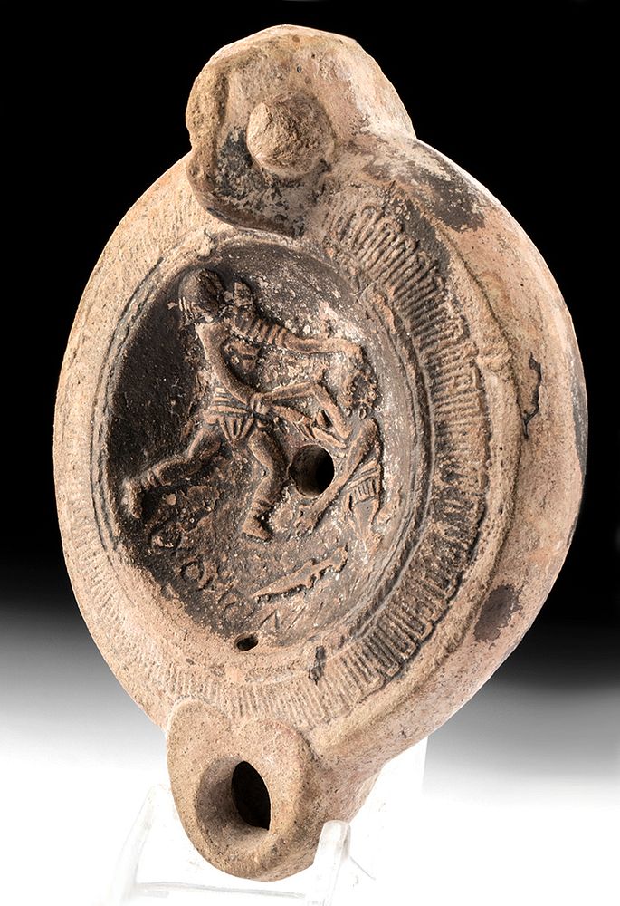 Appraisal: Roman Pottery Oil Lamp w Gladiator Scene Roman Imperial Period