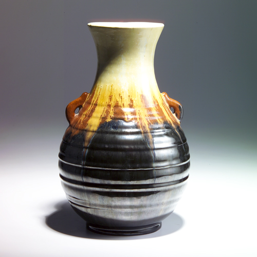 Appraisal: FULPER Bulbous vase with ridged body and two small handles