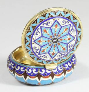 Appraisal: Russian silver-gilt enameled pill box by Khlebnikov Moscow having overall