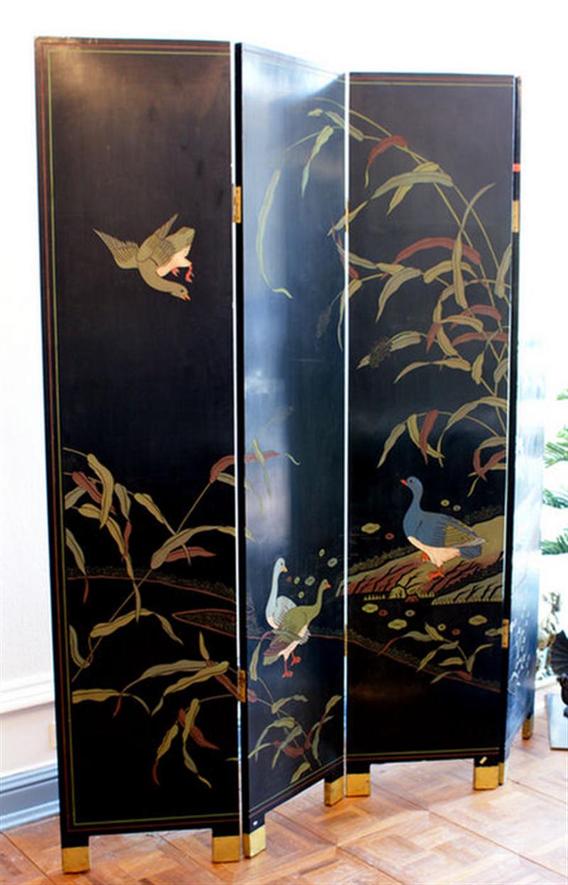 Appraisal: panel lacquered Oriental screen with floral and bird landscape decoration