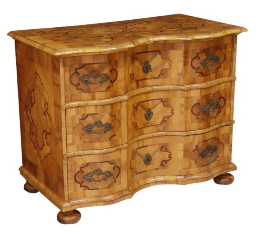 Appraisal: Continental Baroque style walnut commode th c serpentine-front case banded