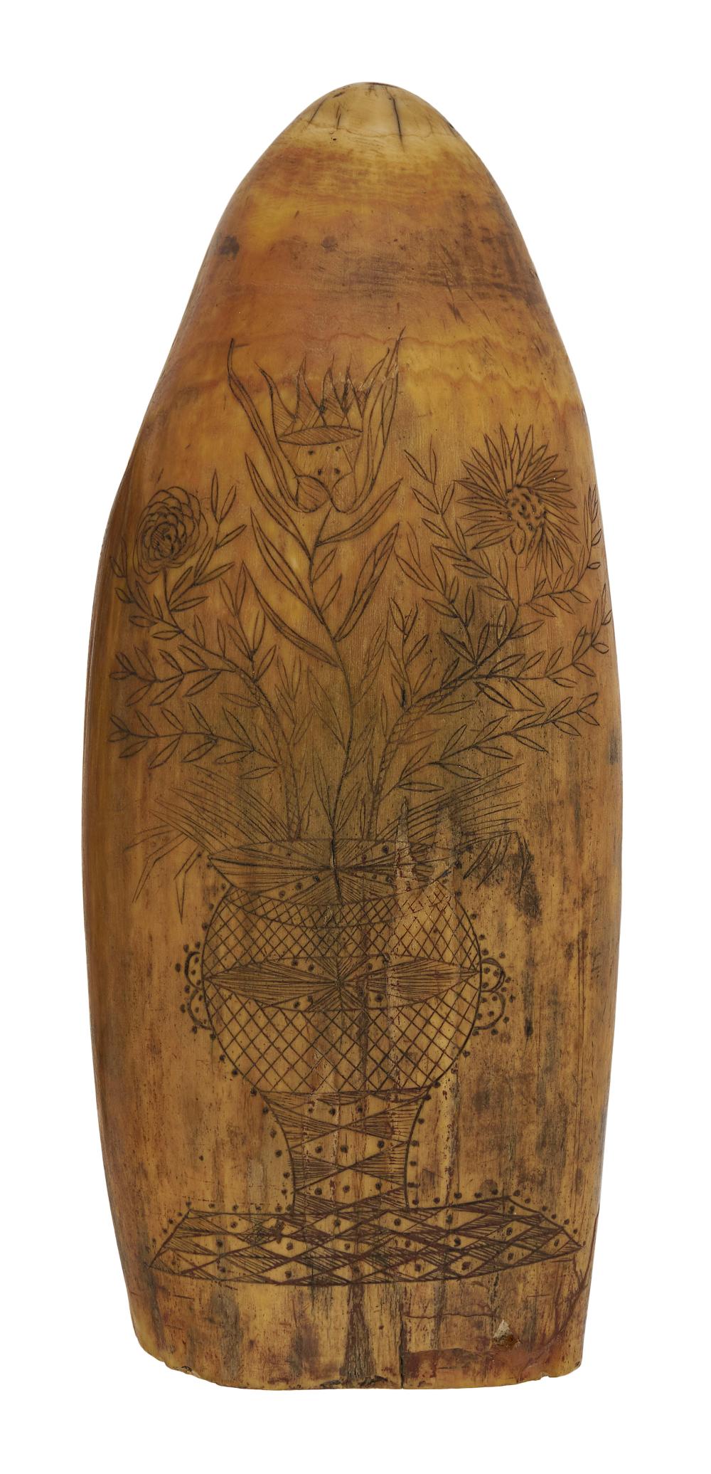 Appraisal: SCRIMSHAW WHALE'S TOOTH WITH URN OF FLOWERS MID- TH CENTURY