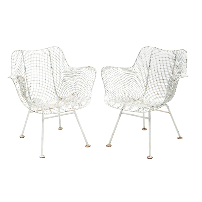 Appraisal: Russell Woodard Sculptura chairs pair s white wire mesh seats