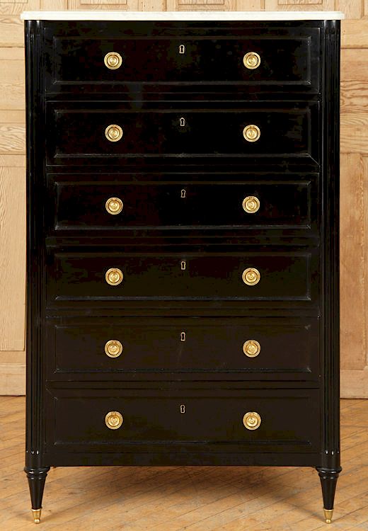 Appraisal: LOUIS XVI STYLE EBONIZED CHEST MARBLE TOP C A Louis