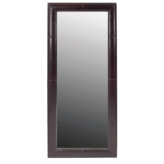 Appraisal: s wall mirror padded frame covered in dark brown leather