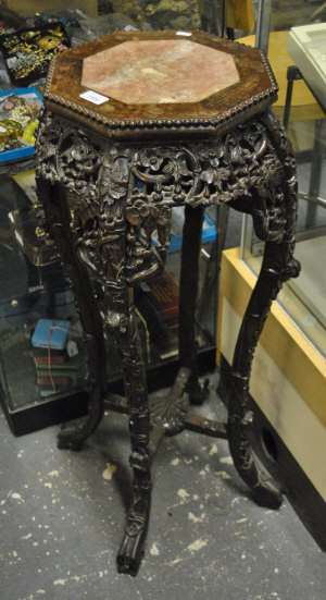 Appraisal: A Chinese floral carved rosewood plant stand with inset marble