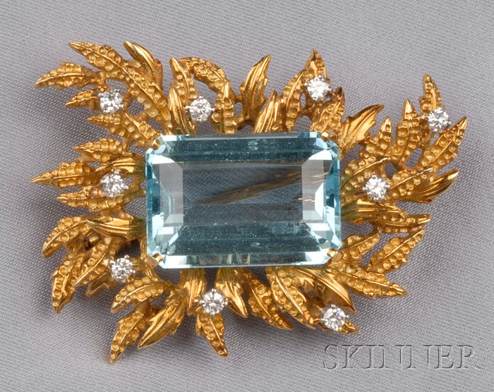 Appraisal: kt Gold Aquamarine and Diamond Brooch the emerald-cut aquamarine measuring