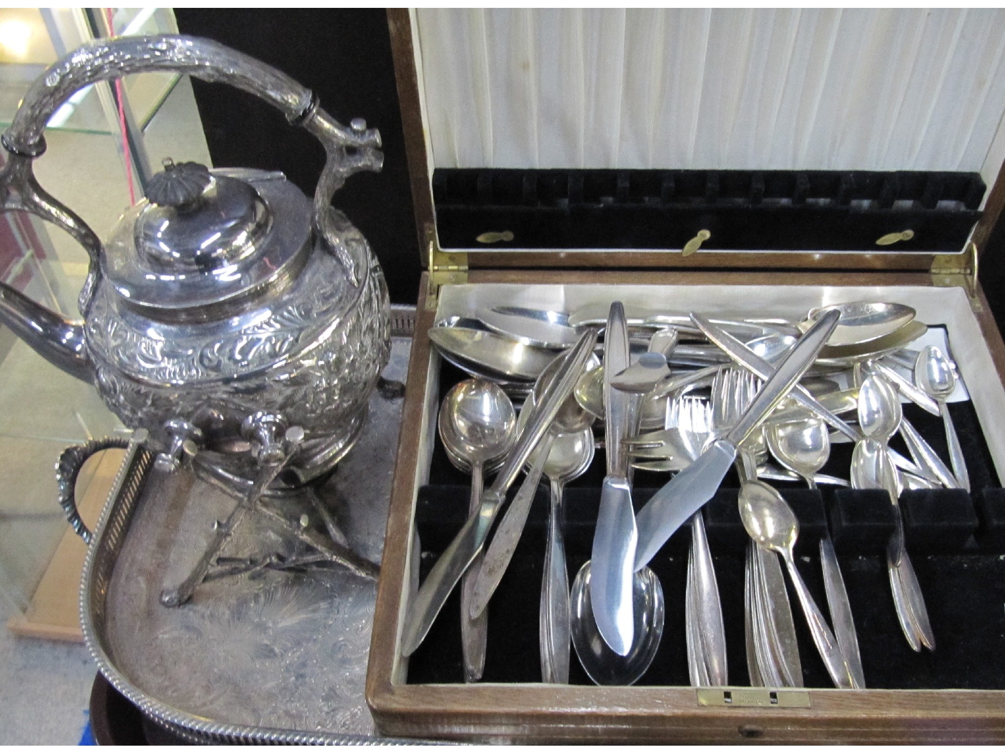 Appraisal: A tray lot of EP - spirit kettle cutlery etc