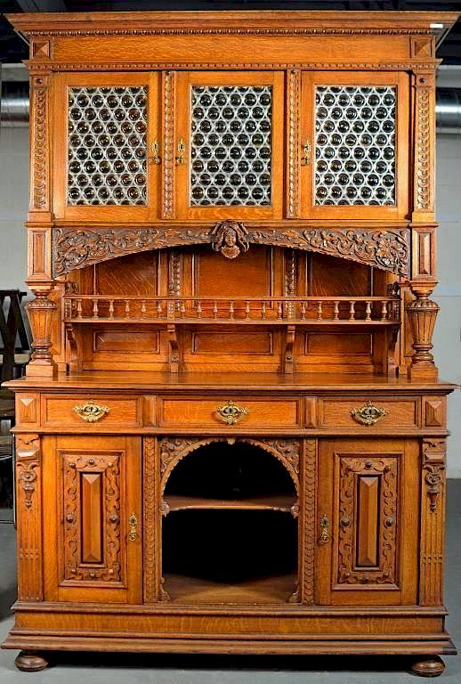 Appraisal: Renaissance Revival Carved Oak Two Tier Cabinet Renaissance Revival carved