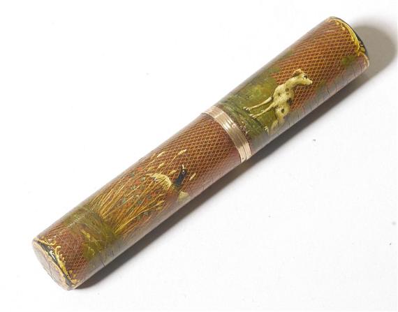 Appraisal: NEEDLE CASE probably French circa Polychrome painted tortoiseshell L cm