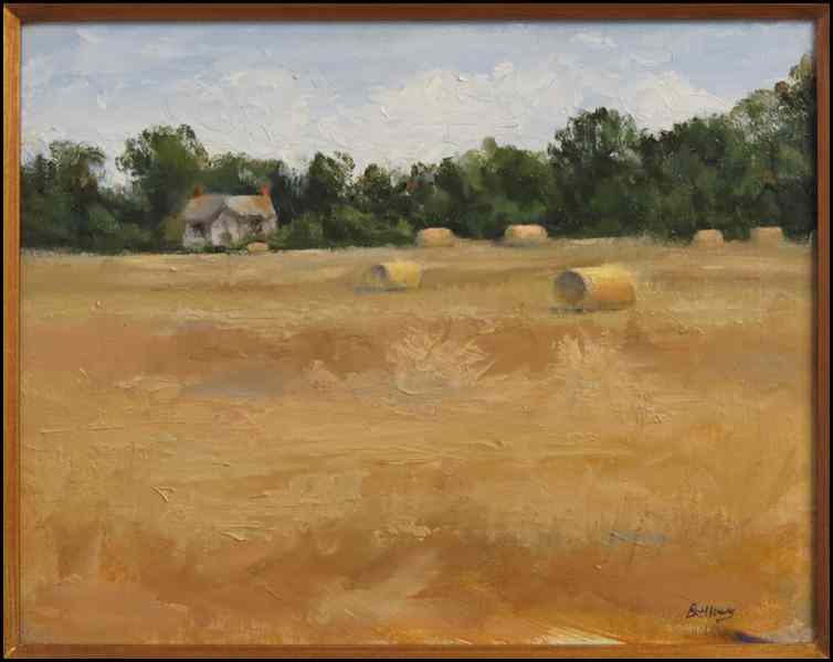 Appraisal: JAYNE BELLOWS TH CENTURY HAYSTACKS Oil on canvas laid to