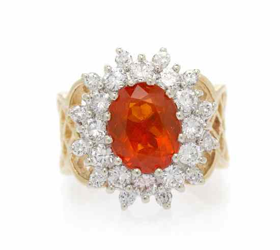 Appraisal: A Karat Yellow Gold Fire Opal and Diamond Ring containing