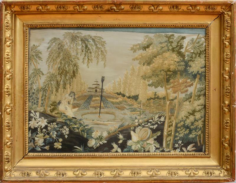 Appraisal: CONTINENTAL SILKWORK PICTURE Worked with a garden view of a