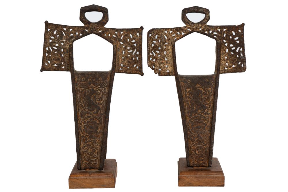 Appraisal: PAIR OF SPANISH COLONIAL CRUCIFIX STIRRUPSeach mounted to a wooden