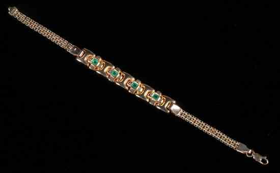 Appraisal: K YELLOW GOLD AND EMERALD FLEXIBLE LINK BRACELET Openwork mesh