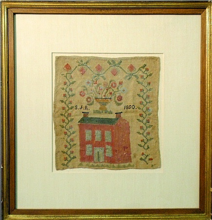 Appraisal: - Wool on linen sampler of a brick house signed