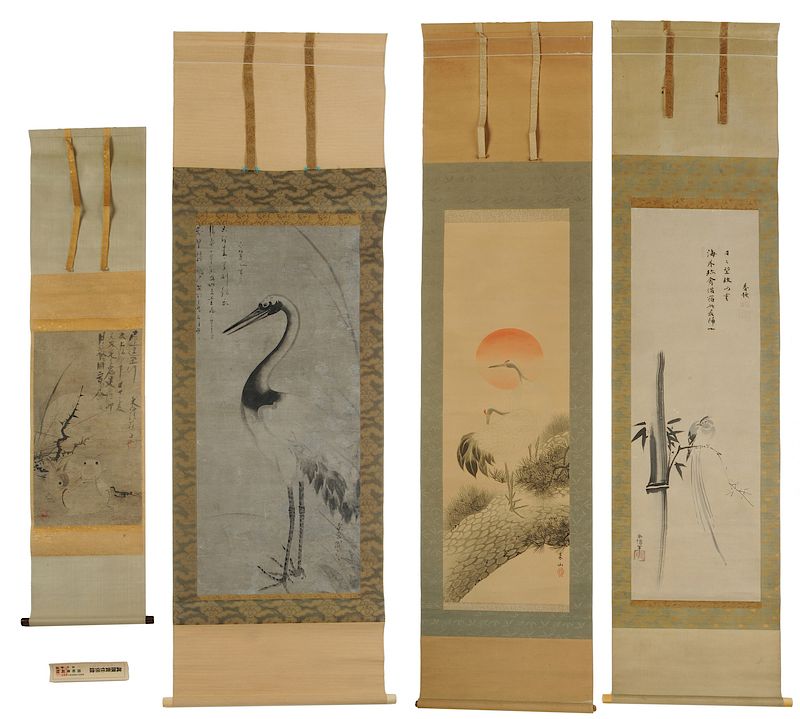 Appraisal: Four Japanese Scrolls Cranes Rabbits After Kaiho Yusho - Standing