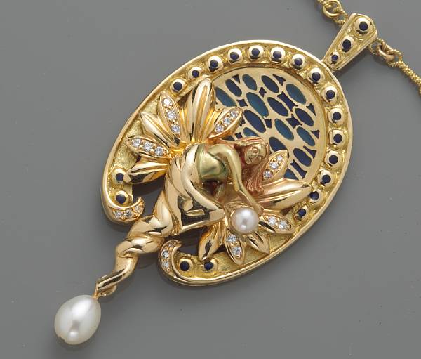 Appraisal: A plique- -jour enamel cultured pearl and diamond pendant-necklace mounted