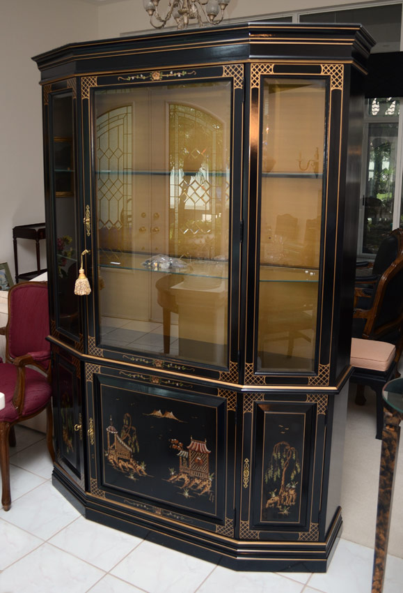 Appraisal: CHINESE STYLE BLACK LACQUER CHINA CABINET Black lacquer with chinoiserie