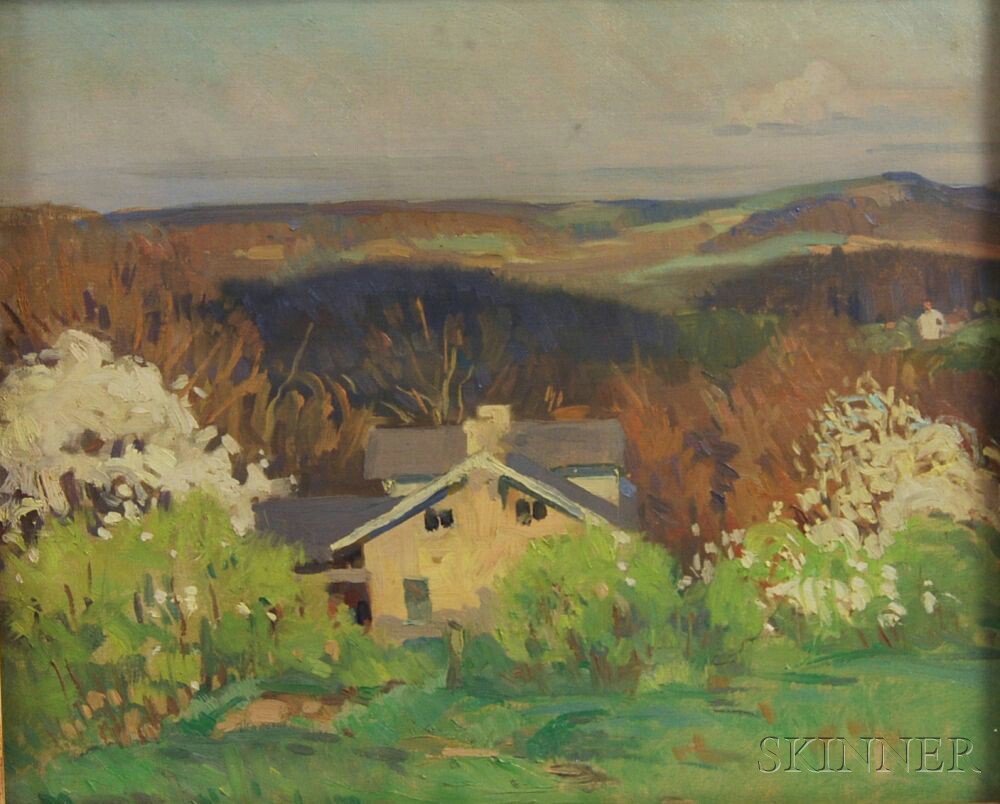 Appraisal: American School th Century Spring Landscape with House Unsigned Oil